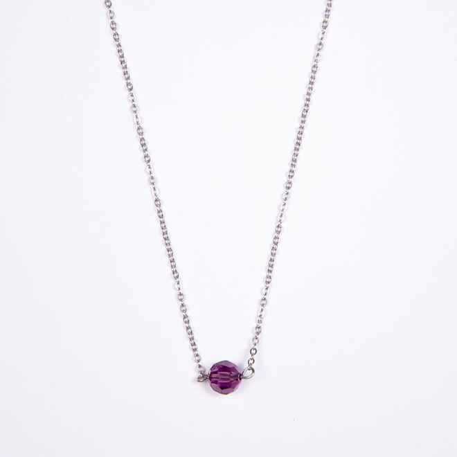 Κολιέ με ατσάλινη αλυσίδα silver, μωβ κρύσταλλο swarovski 10mm, ατσάλινο κούμπωμα