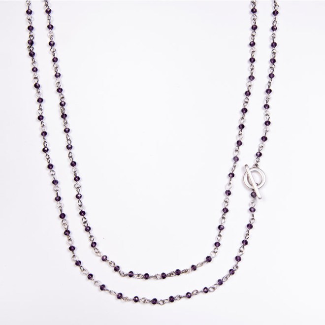 Κολιέ ροζάριο με κρυστάλλινες χάντρες μωβ, ατσάλινο διακοσμητικό κούμπωμα