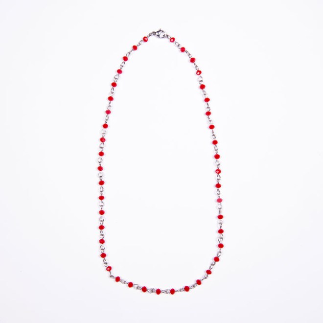 Ατσάλινο κολιέ ροζάριο με κόκκινες κρυστάλλινες χάντρες 4mm με ατσάλινο κούμπωμα