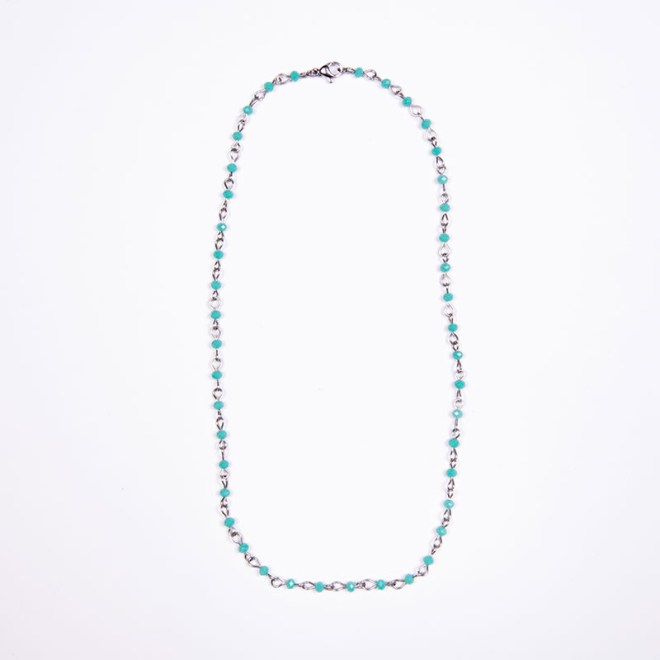 Ατσάλινο κολιέ ροζάριο με γαλάζιες κρυστάλλινες χάντρες 4mm και ατσάλινο κούμπωμα