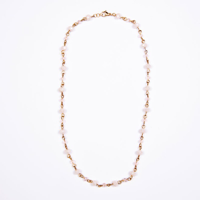 Κολιέ ροζάριο χρυσό με off wite κρυστάλλινες χάντρες 6mm, pink AB 4mm και ατσάλινο κούμπωμα