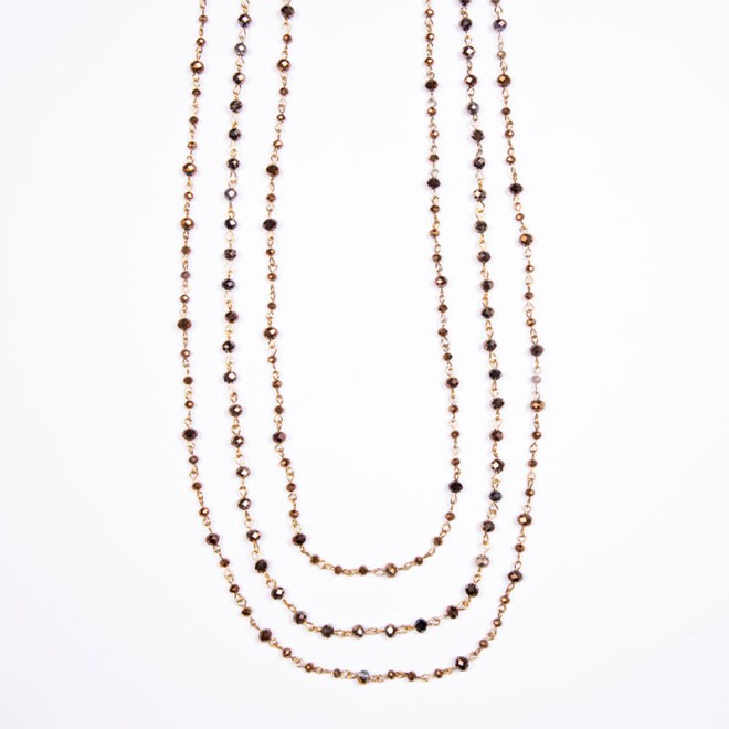 Κολιέ ροζάριο με χρυσές γράνες, τριπλό, με κρυστάλλινες χάντρες σε σκούρο καφέ, μπρονζέ, χρυσό 4mm, 6mm, 8mm