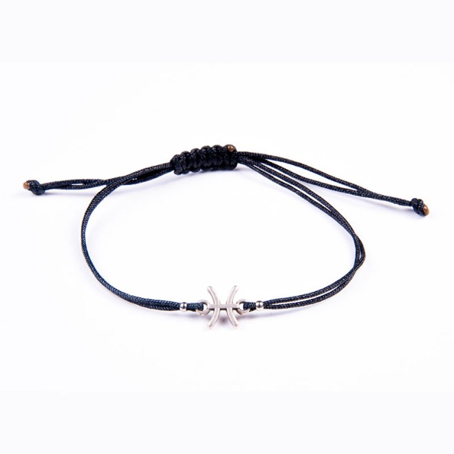 Μίνιμαλ βραχιόλι με μαύρο κορδόνι, επάργυρο μοτίφ ζώδιο "Ιχθείς" με αυξομείωση