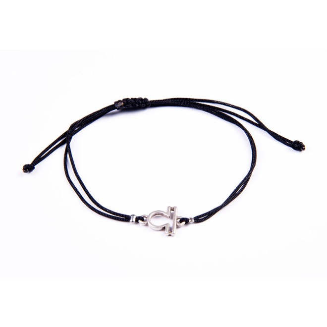 Μίνιμαλ βραχιόλι με μαύρο κορδόνι, επάργυρο μοτίφ ζώδιο "Ζυγός" με αυξομείωση