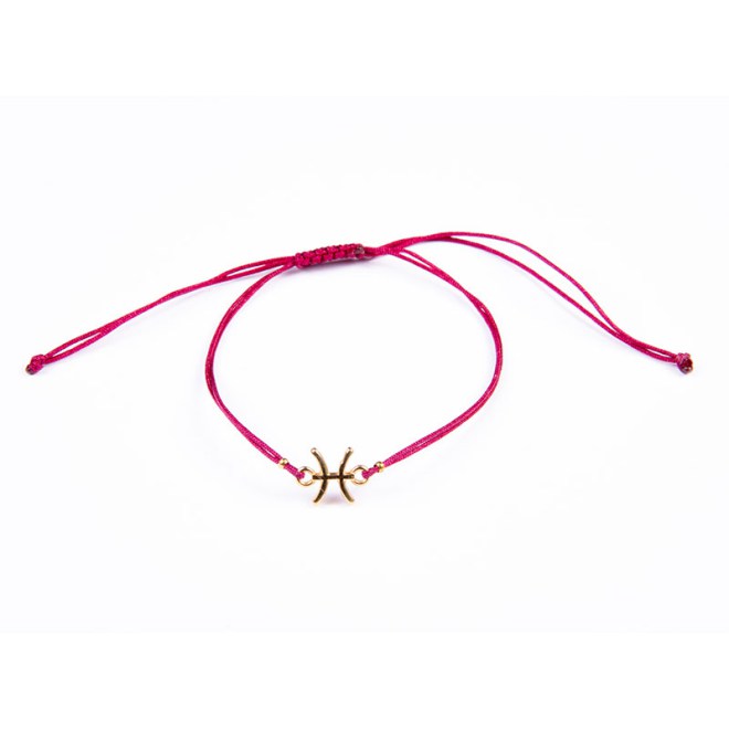 Μίνιμαλ βραχιόλι με μπορντώ κορδόνι, επίχρυσο 24Κ μοτίφ ζώδιο "Ιχθείς" με αυξομείωση