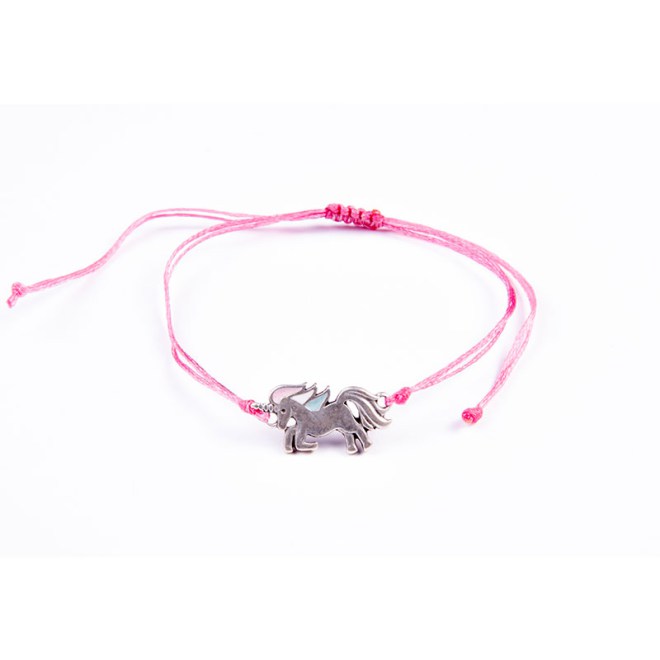 Βραχιόλι με επάργυρο μοτίφ μονόκερο με σμάλτο λεπτομέρεια ροζ, λευκό, γαλάζιο σε ροζ κερωμένο κορδόνι με αυξομείωση