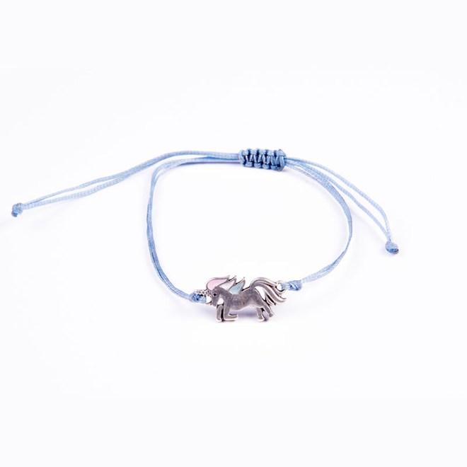 Βραχιόλι με επάργυρο μοτίφ μονόκερο με σμάλτο λεπτομέρεια σε γαλάζιο κερωμένο κορδόνι