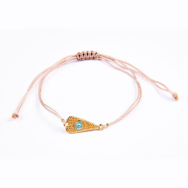 Βραχιόλι με επίχρυσο μοτίφ 24Κ καρδιά dagger με ματάκι τυρκουάζ σμάλτο σε μπεζ κορδόνι με αυξομείωση