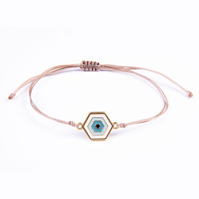 Βραχιόλι με επίχρυσο μοτίφ πολύγωνο ματάκι με σμάλτο άσπρο, γαλάζιο, μαύρο σε μπεζ κορδόνι, με αυξομείωση