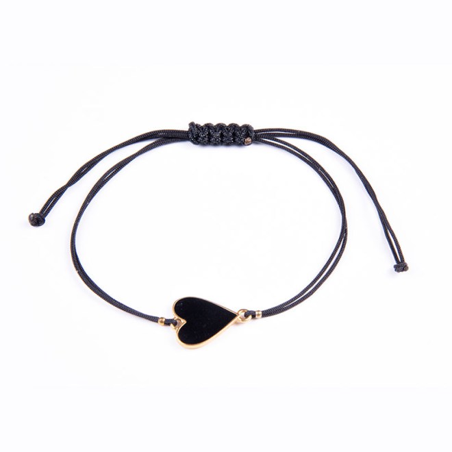 Βραχιόλι με επίχρυσο μοτίφ 24Κ floral καρδιά με μαύρο σμάλτο σε μαύρο κορδόνι με αυξομείωση