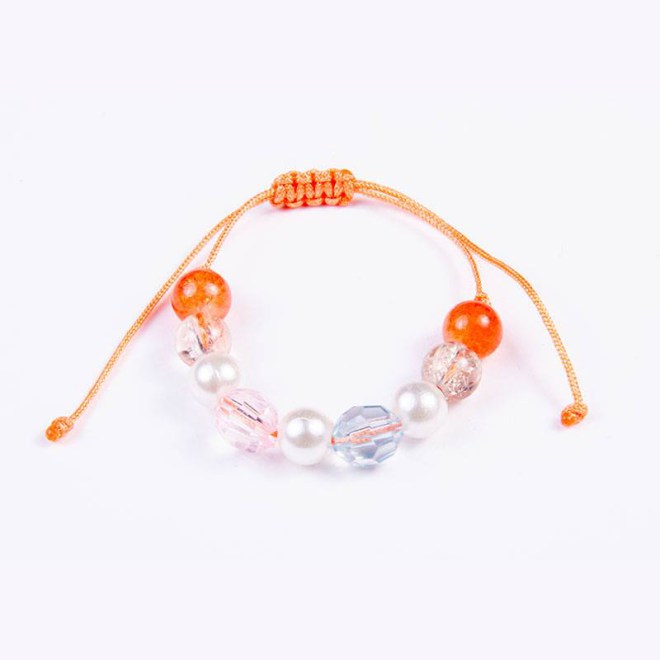 Παιδικό βραχιόλι με ακρυλικές χάντρες σε γαλάζιο, πέρλες λευκές, γυάλινες κρακελές διάφανες και πορτοκαλί 6mm, 8mm, 10mm σε σομόν κορδόνι με αυξομείωση