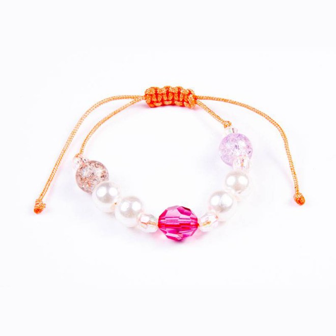 Παιδικό βραχιόλι με ακρυλικές πέρλες λευκές, χάντρες διάφανες,γυάλινες χάντρες κρακελέ, σε σομόν κορδόνι με αυξομείωση