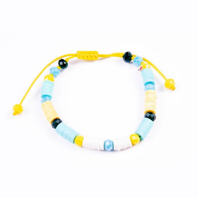 Πολύχρωμο βραχιόλι με φίμο ροδέλες λευκές, γαλάζιες, κίτρινες και κρυστάλλινες χάντρες τυρκουάζ, κίτρινο και σκούρο πράσινο, με αυξομείωση