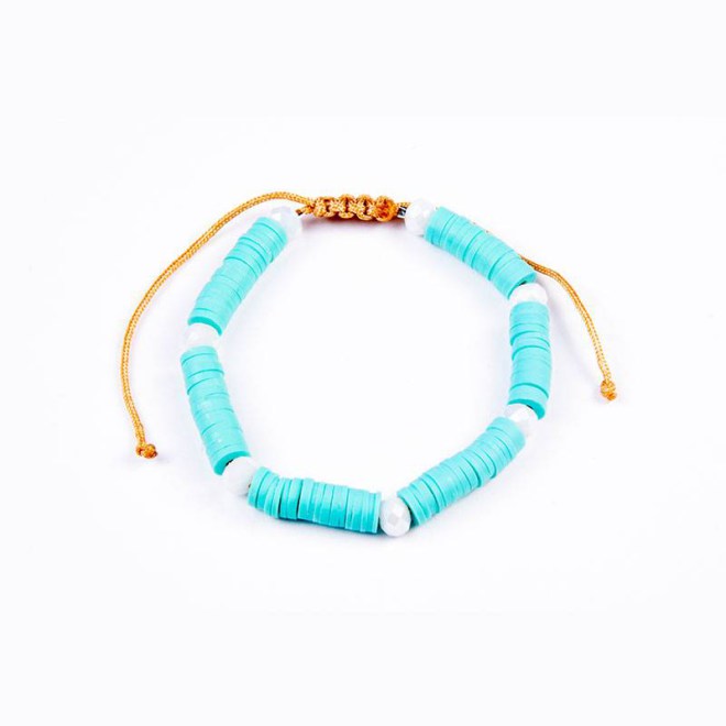 Βραχιόλι με φίμο ροδέλες τυρκουάζ, κρυστάλλινες χάντρες λευκές, με αυξομείωση