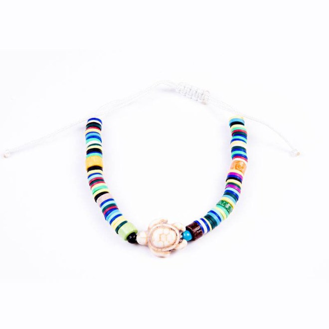 Βραχιόλι πολύχρωμο με φίμο ροδέλες, κεραμικές ροδέλες, γυάλινες χάντρες και χελωνίτσα από χαολίτη, με αυξομείωση