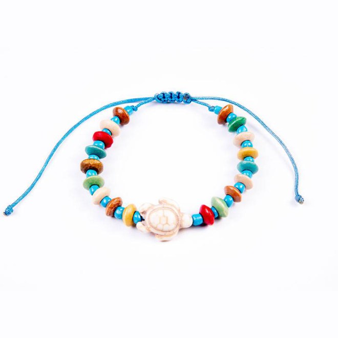 Πολύχρωμο βραχιόλι με γυαλινες χάντρες τυρκουάζ και ξύλινες μούλτι, χελωνίτσα από χαολίτη και αυξομείωση