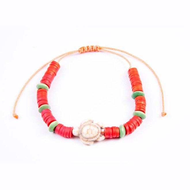 Βραχιόλι με φίμο ροδέλες πορτοκαλί και ξύλινες πράσινες, χελωνίτσα από χαολίτη και αυξομείωση