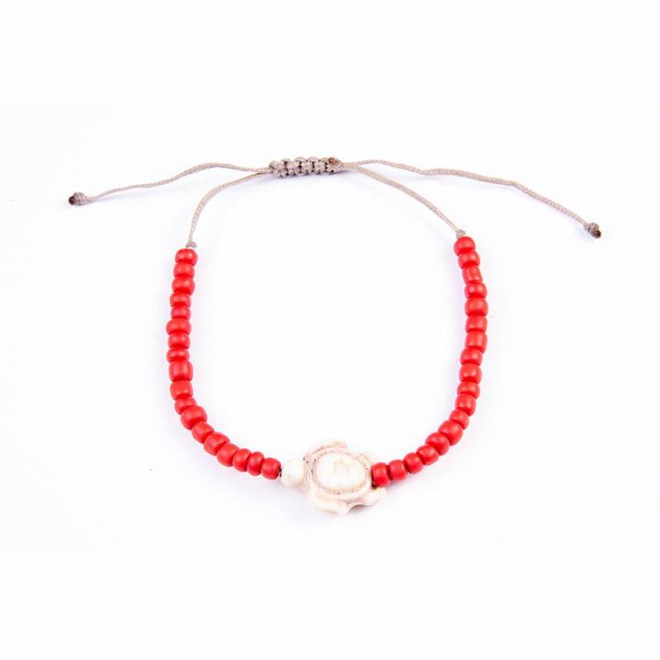 Παιδικό βραχιόλι με γυάλινες κόκκινες χάντρες, χάντρα χελωνίτσα από χαολίτη λευκή, με αυξομείωση