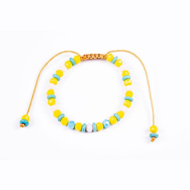 Βραχιόλι με κρυστάλλινες χάντρες 6mm λευκές, κίτρινες, τυρκουάζ, και ροδέλες χαολίτη τυρκουάζ, σε μπεζ κορδόνι με αυξομείωση