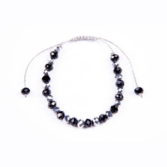 Βραχιόλι με κρυστάλλινες χάντρες μαύρες και ασημί 8mm, 6mm σε ασημένιο κορδόνι με αυξομείωση