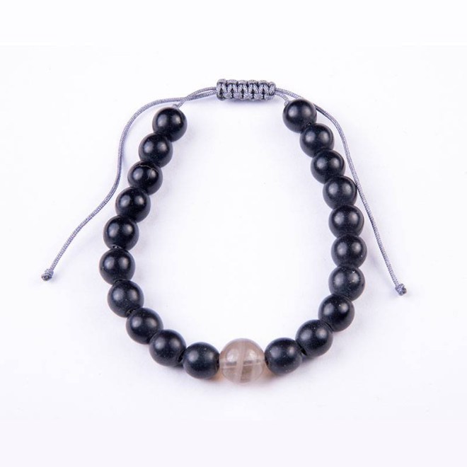 Βραχιόλι με μαύρο χαολίτη και χάντρα smoky quartz 8mm, κλείνει με αυξομείωση