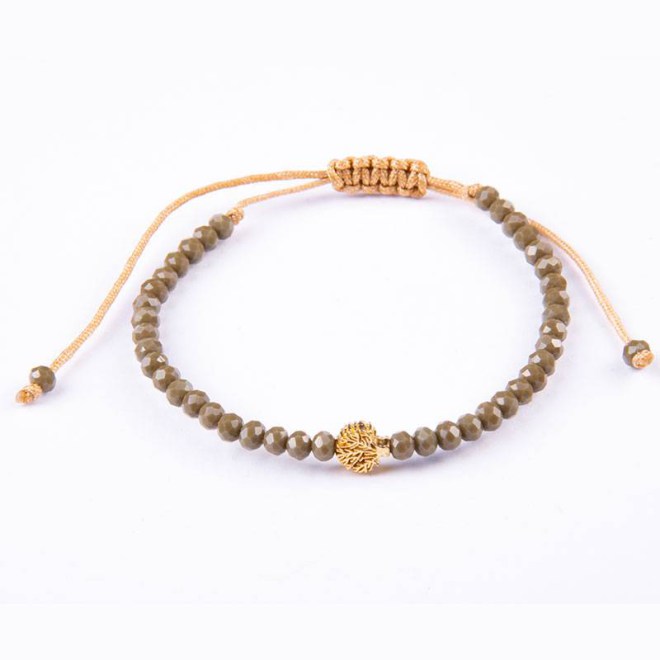 Βραχιόλι με κρυστάλλινες χάντρες χακί πράσινο 4mm και μεταλλικό μοτίφ χρυσό δέντρο της ζωής, κλείνει με αυξομείωση