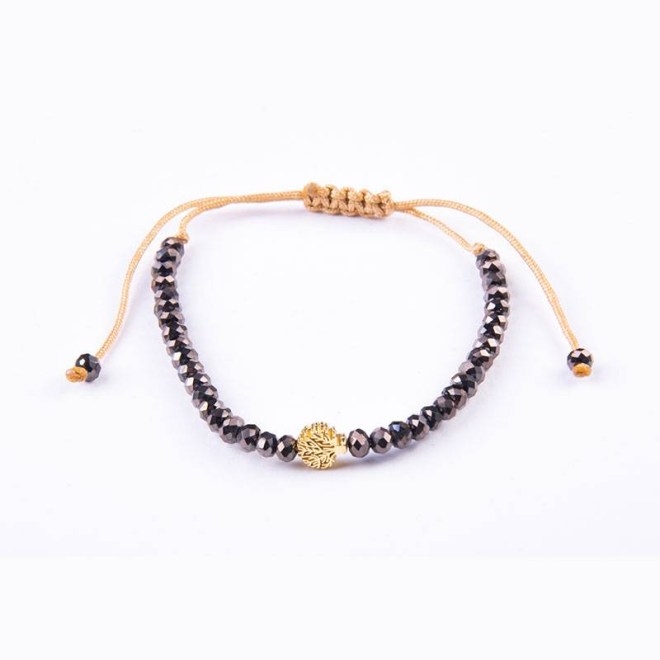 Βραχιόλι με κρυστάλλινες χάντρες gunmetal 4mm και μεταλλικό μοτίφ χρυσό δέντρο της ζωής, κλείνει με αυξομείωση