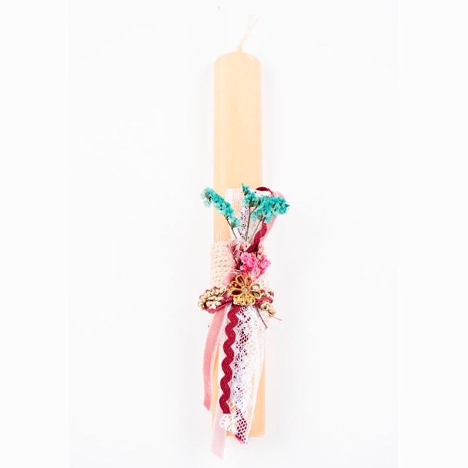 Αρωματική λαμπάδα 21cm με αποξηραμένα λουλούδια και βραχιόλι χειροποίητο μακραμε